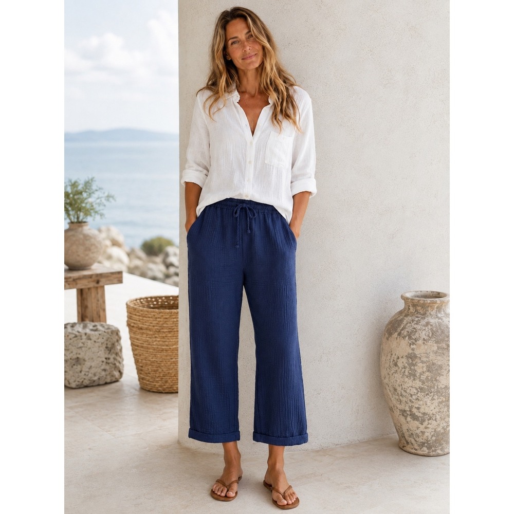 J. Jill Pure Jill Navy Blue Double Gauze Cotton Drawstring Pants Small Coastal